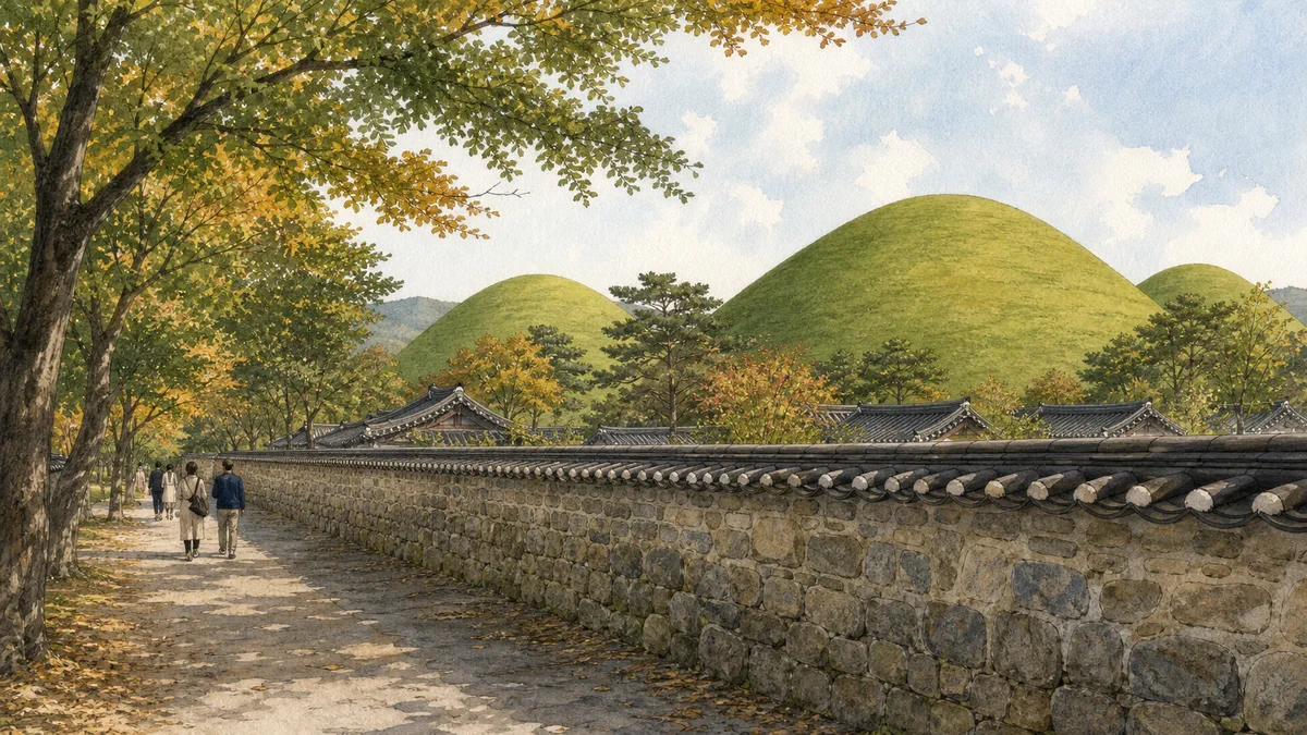 경주 대릉원 고분과 돌담길 산책 풍경 일러스트