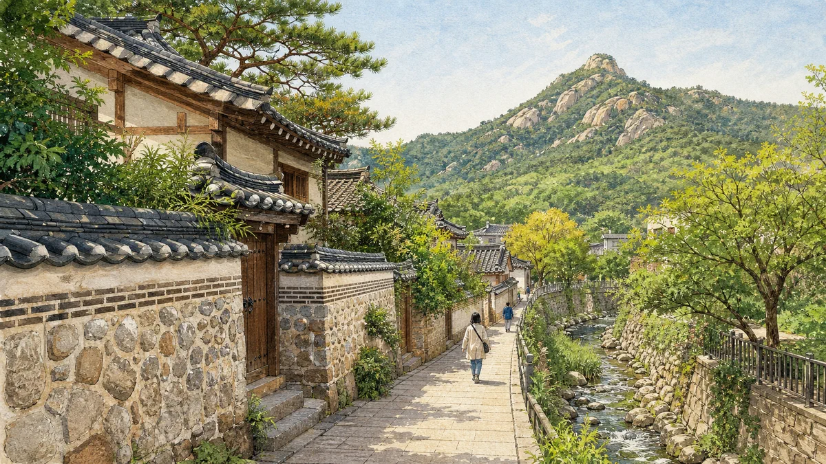 서울 서촌 골목과 수성동계곡 산책 풍경 일러스트