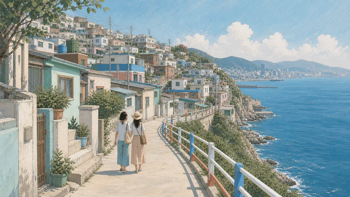부산 영도 흰여울문화마을과 해안산책로 풍경 일러스트